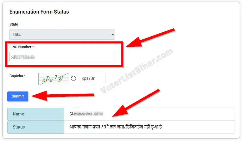 Check Status Bihar Enumeration Form online